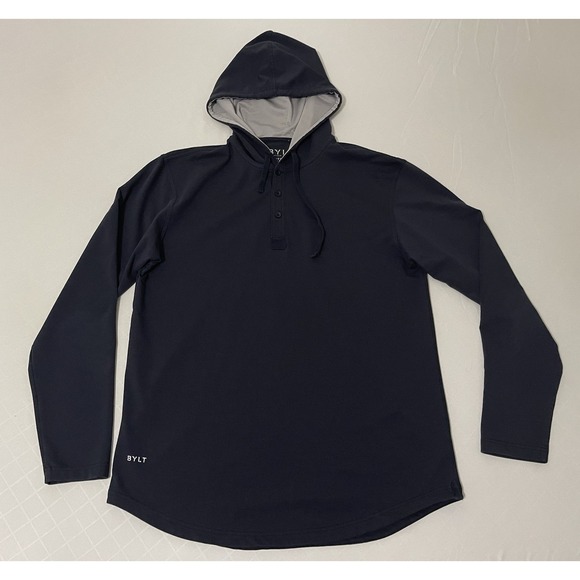 BYLT Basics Other - BYLT Drop-Cut LUX Hooded Henley Shirt Mens Large Long Sleeve Hoodie Black